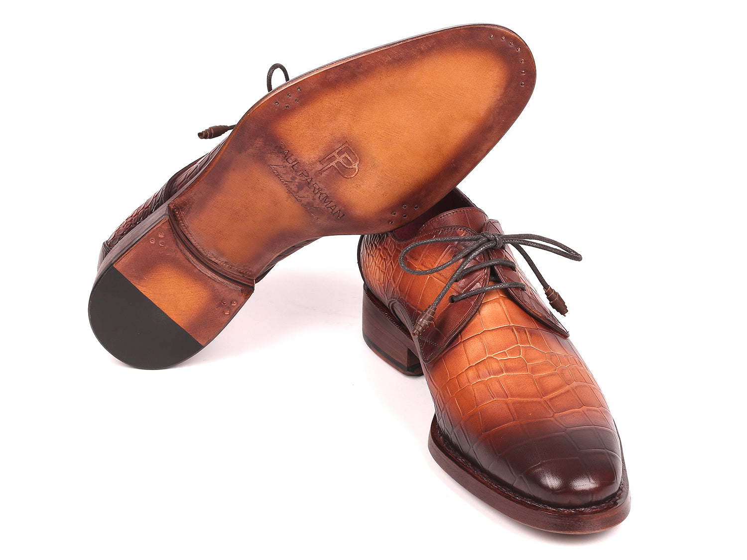 Paul Parkman Brown Crocodile Embossed Calfskin Goodyear Welted Derby shoes showcasing luxurious hand-painted finish and elegant design.